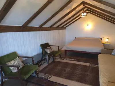 a bedroom with a bed and chairs in a room at Rustic House Montenegro in Bar