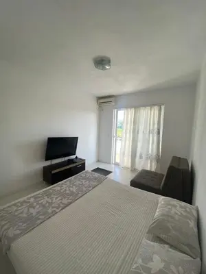 a bedroom with a bed and a couch and a television at Ajan Apartments in Ulcinj