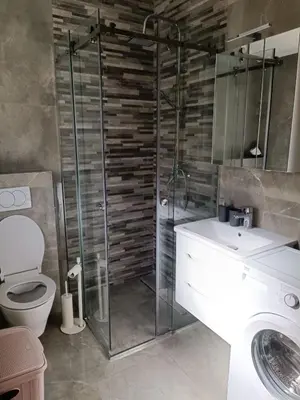 a bathroom with a shower and a toilet and a sink at Luna Apartment in Kotor