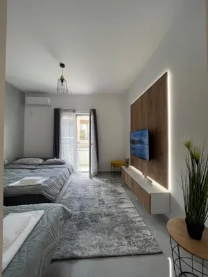 a bedroom with two beds and a tv on the wall at Apartman Budva 07 in Budva