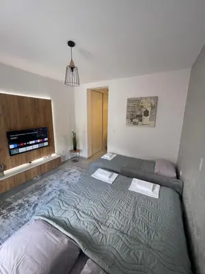 a bedroom with a large bed and a flat screen tv at Apartman Budva 07 in Budva
