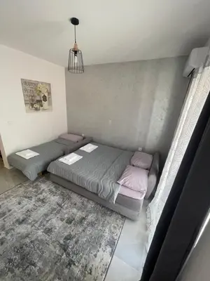 a bedroom with two beds and a rug at Apartman Budva 07 in Budva
