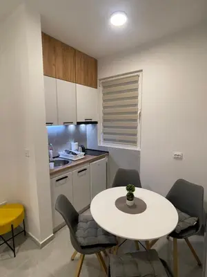 a kitchen with a table and chairs in a room at Apartman Budva 07 in Budva