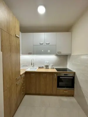 a kitchen with wooden cabinets and a sink at Apartman VT 2 Central point in Podgorica