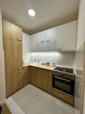 a kitchen with wooden cabinets and a sink and a stove at Apartman VT 2 Central point in Podgorica
