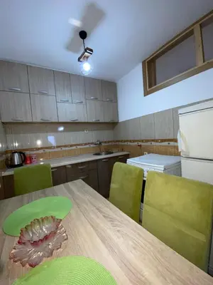 a kitchen with a wooden table and green chairs at Skadar Lake Apartment -Anja in Vranjina