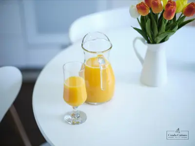 two glasses of orange juice and a vase of flowers at Condo Cattaro in Kotor
