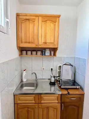 a kitchen with wooden cabinets and a sink at Apartments Zeneva in Donji Štoj