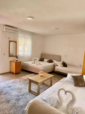 a large living room with two beds and a table at Apartments Zeneva in Donji Štoj
