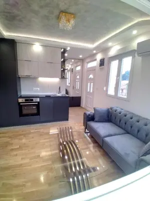 a living room with a blue couch and a kitchen at Apartman Podgorica Stara Varos Vlado in Podgorica