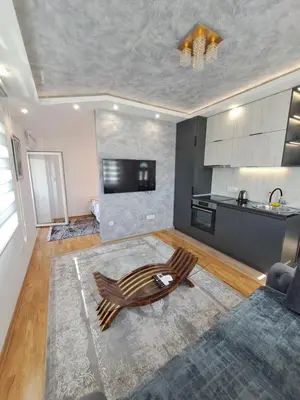 a living room with a table and a kitchen at Apartman Podgorica Stara Varos Vlado in Podgorica