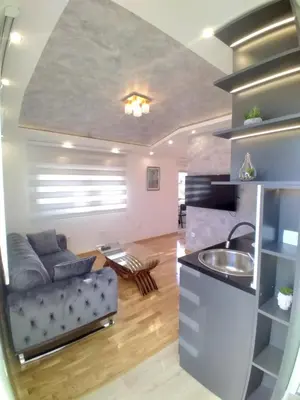 a living room with a couch and a kitchen at Apartman Podgorica Stara Varos Vlado in Podgorica