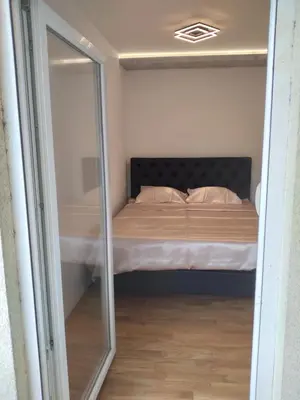 a bedroom with a bed and a mirror at Apartman Podgorica Stara Varos Vlado in Podgorica