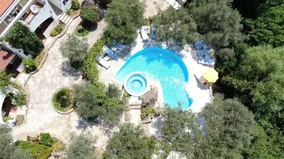 an overhead view of a swimming pool in a resort at Olive trees in Budva