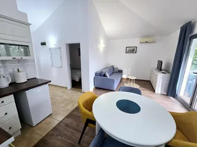 a kitchen and living room with a white table and chairs at Olive trees in Budva