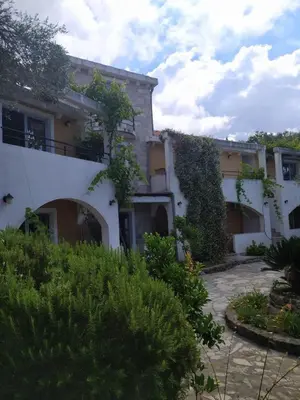 a large white building with a garden in front of it at Olive trees in Budva