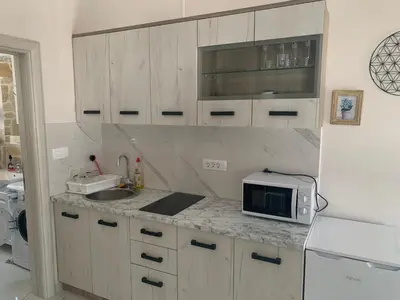 a kitchen with a sink and a microwave on a counter at Villa Tunaj new Pool and BBQ in Bar