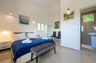 a bedroom with a blue bed and a sink at Regina Residence in Budva