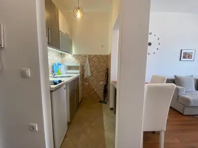 a kitchen with a sink and a couch in a room at Dineta Apartment in Ulcinj