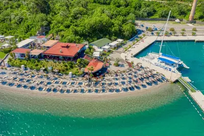 an aerial view of a resort on the water at Aquata Apartments in Tivat