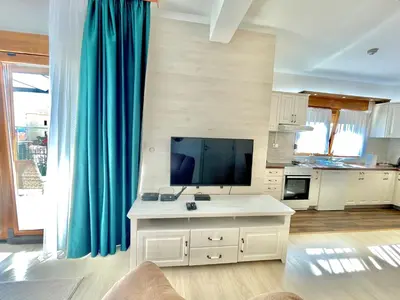 a large living room with a tv and a kitchen at Villa Serenity Budva in Budva