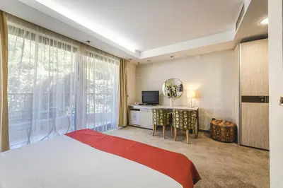 a bedroom with a bed and a desk and a television at Hotel & Apartments HEC Residence in Sveti Stefan