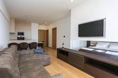 a living room with a large couch and a flat screen tv at Apartments Lux in Budva