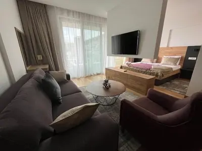 a living room with a couch and a bed at Apartments Lux in Budva