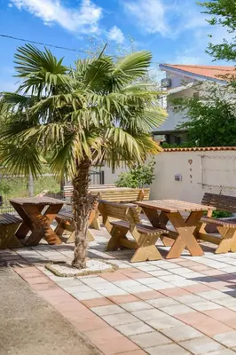 a group of picnic tables and a palm tree at Villa Katharina in Utjeha