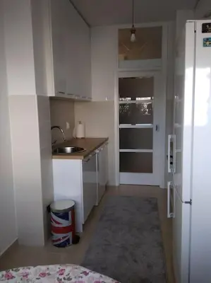 a small kitchen with a sink and a refrigerator at Main bus station apartment in Podgorica