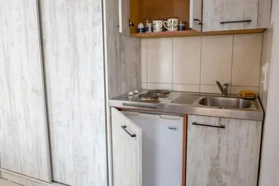 a small kitchen with a sink and a dishwasher at Villa Erik in Ulcinj