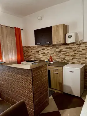 a kitchen with wooden cabinets and a white refrigerator at Apartmani LANA Podgorica in Podgorica