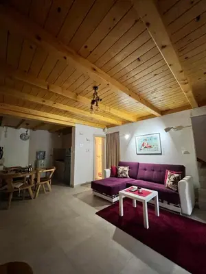 a living room with a purple couch and a table at Lake Point Dodoši in Cetinje