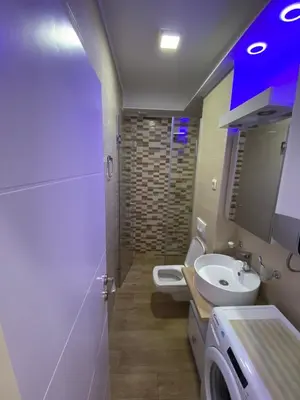 a bathroom with a sink and a toilet and a mirror at Apartman Nora in Rafailovici