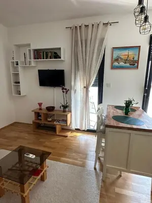 a living room with a television and a table at Studio Z in Podgorica