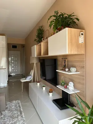a living room with a couch and a shelf with plants at Apartman DVA SRCA in Bar