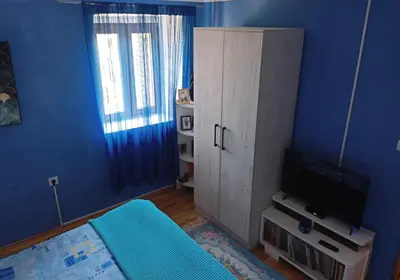 a blue room with a bed and a cabinet and a television at Holiday in the National park Lovcen in Cetinje