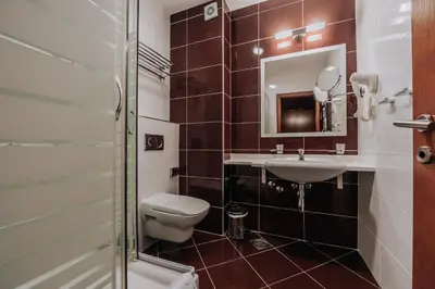 a bathroom with a toilet and a sink and a mirror at Apartments Del Mar in Petrovac na Moru