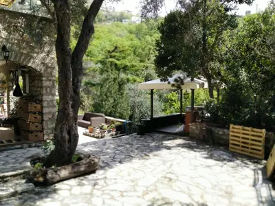 a patio with a tree and an umbrella at Villa Golda, The whole house Biker Friendly in Rijeka Reževići