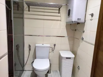 a small bathroom with a toilet and a shower at Nature Escape Infinity Pool and Amazing Sea View in Budva