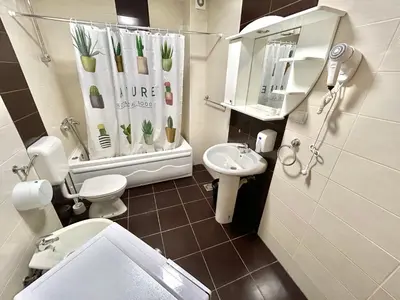 a bathroom with a sink and a toilet and a shower curtain at Romantica Apartments in Ulcinj