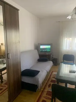 a living room with a couch and a tv at NIKOLA studio in Podgorica