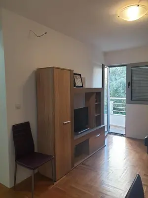 a living room with a cabinet and a television at Apartment Rozino in Budva