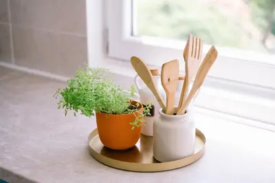 two containers of utensils and a plant on a counter at The Rooftop of Apartments Lungo Mare in Ulcinj
