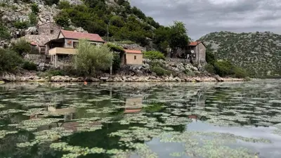 a house on the shore of a body of water at Lakeview Apartments Jolicic in Virpazar