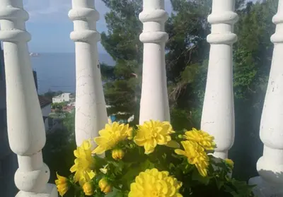 a bunch of yellow flowers in a vase on a porch at Гостевой дом Polina in Gornji Sušanj