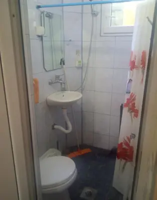 a bathroom with a toilet and a sink and a shower at Гостевой дом Polina in Gornji Sušanj