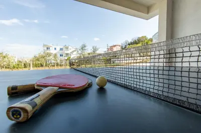 a tennis racket and ball on a tennis court at DERON Apartments in Ulcinj