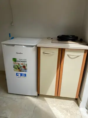 a white refrigerator sitting next to a wooden cabinet at Green Villa in Bar, Susanj